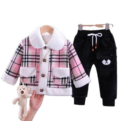 China Casual Girls' Clothing Plaid Plus Thickening Children's Coat 0-4 Winter Baby Velvet Suit Suit for sale