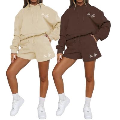 China Breathable Latest Terry Fleece Workout Drawstring Kangaroo Pocket Customized Logo Hoodie Shorts Women for sale