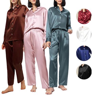 China Women's Breathable Silk Like Satin Pj Set Long Sleeve Sleepwear Ladies Button Down Pajama Set Loungewear Soft Set Women XS-XXL for sale