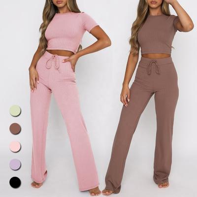 China Breathable Latest Basic Stretch Ribbed Short Sleeves Crop Top High Drawstring Waistband Flare Legs Ribbed Pants Ladies 2 Piece Outfits for sale