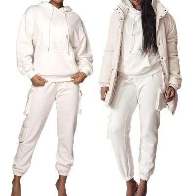 China Breathable Customizable Unisex White Fleece Long Sleeve Hoodie Cargo Pants 2 Pieces Set Women& Casual Men's Set Casual Daily Life for sale