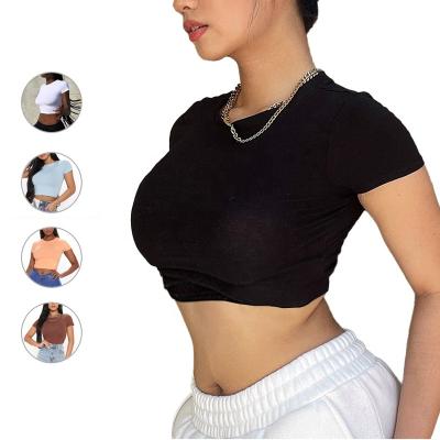 China Solid Color Elastic Cotton Plus Size Anti-pilling Customized Pique Women Workout Girls Sexy Tight Cropped Crop Top T-Shirt for sale