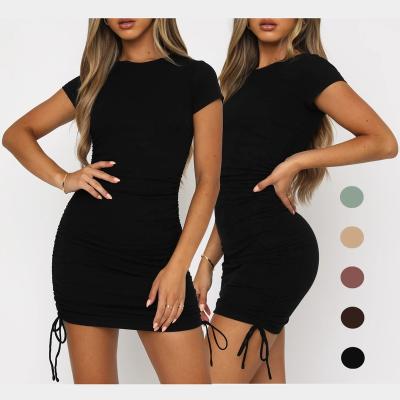 China Rayon Sleeve Bodycon Mini Dress Side Drawstring Clubwear Women's Anti-Static Ruched Ribbed Casual Wear/Summer Knitted Spandex Rib Short for sale