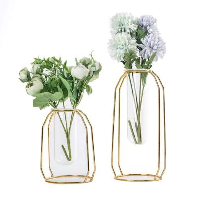 China Wholesale Modern Clear Geometric Plant Pot Centerpiece Vase With Iron Art Frame Stand for sale