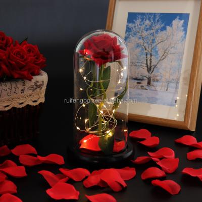 China Europe New Products Preserved Flower In Glass Dome With Led Lights Wooden Base For Christmas Gifts for sale