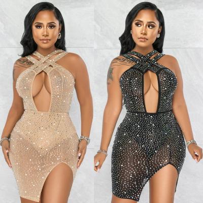 China 2022 Breathable Sexy African Plus Size Woman See Through Bandage Spring Summer Party Lady Bodycon Girls Elegant Famale Casual Dress for sale