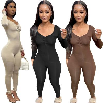 China Lady Jumpsuit V-neck Playsuits Fall Shapewear Bodycon One Piece Anti-pilling Pants Long Sleeve Overalls For Women Gaiters for sale