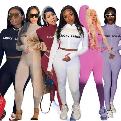 China Anti-pilling Embroidery Lucky Label Overalls Ribbed 2 Piece Set Women Zipper Jumpsuit Solid Color Women Sports Wear Female Winter Tracksuit for sale