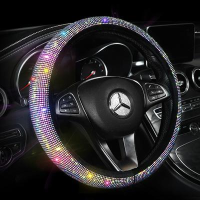 China Blue Shiny Diamond Rhinestones Crystal Bling Car Steering Wheel Cover Rainbow Interior Durable Car Wheel Cover For Women for sale