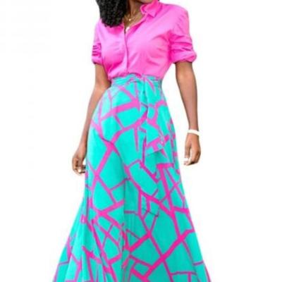 China Mint Pink Anti-Static Scattered Slit Flowy Maxi Skirt for sale