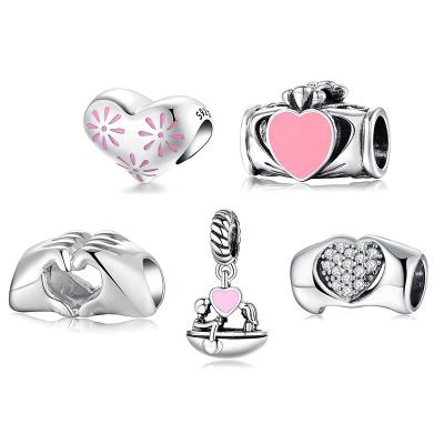 China TRENDY Real 925 Sterling Silver Pink Heart Connected Charm Beads Fit Bracelet Jewelry Making Wholesale Gift Party Daily for sale