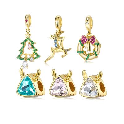 China FASHIONABLE 925 Silver Christmas Charm Crystal Elk Bow Garland Christmas Tree Jewelry Making Charms Gold Plated Pendants For Women Bracelet for sale