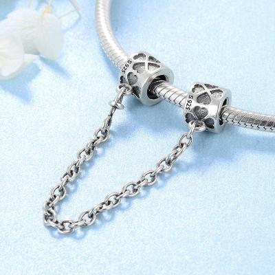 China 925 Sterling Silver Real 925 Bead Four Leaf Clover Safety Chain Charms DIY Fit Charms Bracelet Fashion Jewelry Making Wholesale for sale