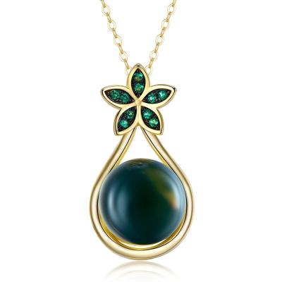 China New Trendy 925 Sterling Silver Amber Necklace Green Lucky Zircon Flowers Pendant Necklace for Women Fine Jewelry Making Accessory for sale