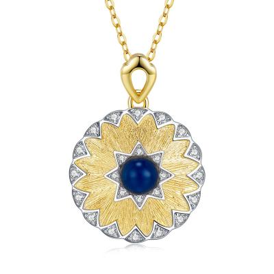 China Trendy 925 Sterling Silver Shining Vintage Sun Flower Blue Amber Necklace For Women Gold Plated Pendant With CZ Fine Jewelry Making for sale