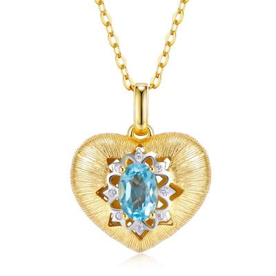 China Romantic 925 Sterling Silver Necklace for Women Exquisite Blue Topaz Heart Pendant Gold Plated Link Chain Jewelry Valentine's Day Gift for sale