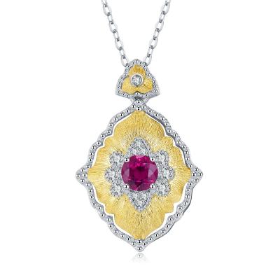 China Trendy Trendy Retro Elegant 925 Sterling Silver Flower Pendant Necklace For Women Rose Red Garnet Wedding Shiny Jewelry Making Gifts for sale