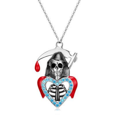 China Fashionable Blue Hollow Heart Shape CZ Fake Skull Pendant Necklace Jewelry Authentic 925 Sterling Silver For Women Fashion Jewelry Gift for sale