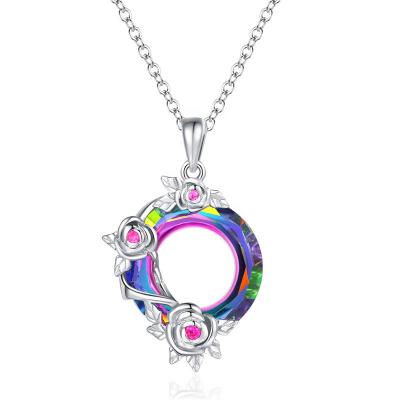 China New Design Romantic Necklace 925 Sterling Silver Luxury Round Shape Rose Pattern Women Jewelry Austrian Crystal Fine Necklace For Gift for sale