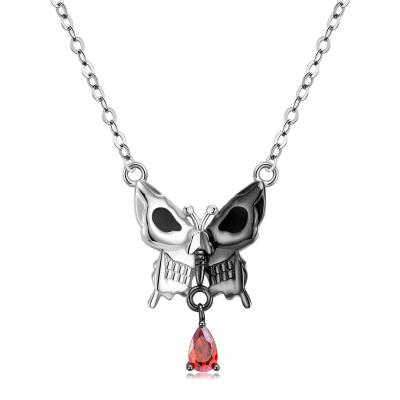 China Trendy Black and White Smiley Butterfly Skull Skeleton Pendant Necklace with Red CZ 925 Sterling Silver for Women Necklace Jewelry Gift for sale