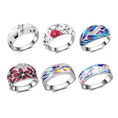 China 925 TRENDY Silver Rings for Women's Geometric Enamel Colorful Flower Connection Zircon Finger Ring Jewelry Sets Fashion Female for sale