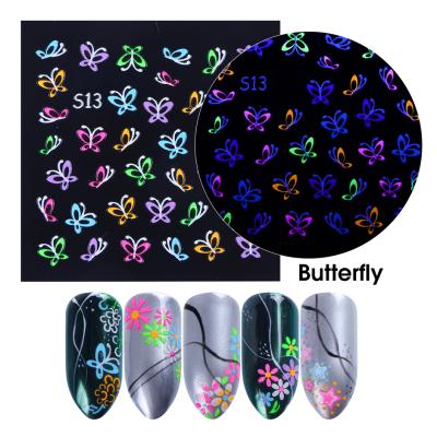 China 24pcs 3d Nail Paper Mixed Neon Fluorescent Luminous Sticker Set Flower Colorful Acrylic Slider DIY Stickers Butterfly Adhesive Decal for sale