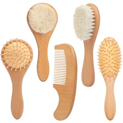 China Baby Compact Wooden Hair Brush and Comb Set Natural Soft Goat Stiffen Brush Newborn Infant Comb Head Hair Brush Massager for Kids for sale