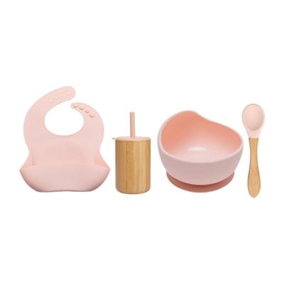 China Wholesale Eco-Friendly BPA Free Baby Suction Bowl Bibs And Sippy Cup Set With Silicone Bamboo Waterproof Baby Tableware Spoon Feeding Set for sale