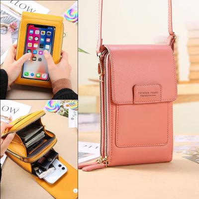 China Girls Eco-Friendly Fashion Shoulder Messenger Cell Phone Bags Leather Cell Phone Purse Stitched Sling Women Mini Touch Screen Cell Phone Bag for sale