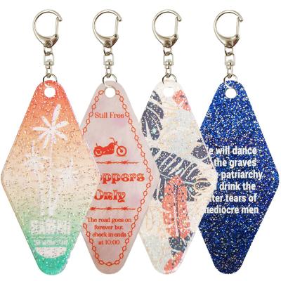 China Wholesale motel promotion custom design glitter motel key chain vintage decoration blanks vintage hotel acrylic keytag retro for sale