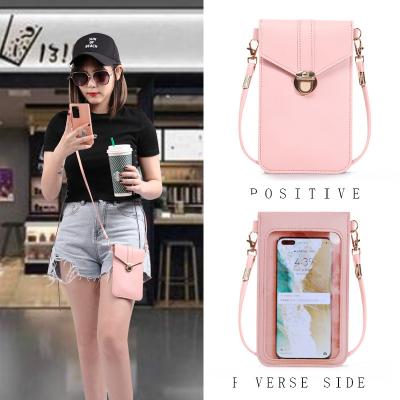 China High Quality Ladies Waist Touchable Cross - Body Sling Women Leather Touch Screen Bag Stitched Cartoon Mobile Phone Purse Transparent Touch Screen for sale