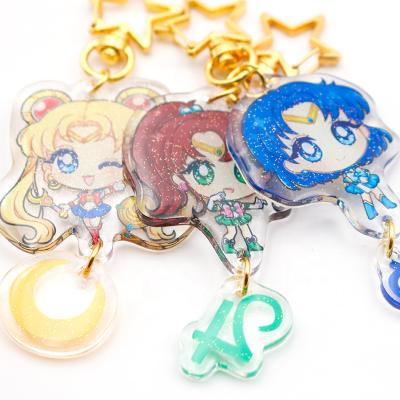 China Plastic Creative Gradient Custom Glitter Charm Japan Anime Two Side Printed Acrylic Key Chain With Glitter Hologram for sale