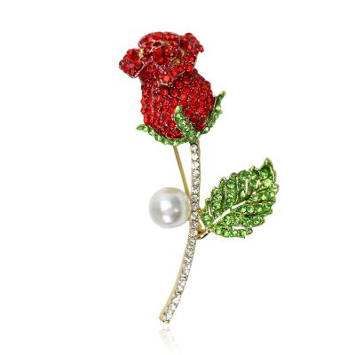 China Hot Selling Vintage Fashion Diamond Pearl Rose Brooch Flower Lapel Pin for sale