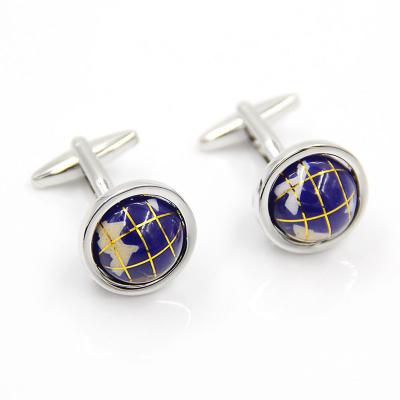 China Wholesale Rotating Pattern Ball Earth Semi Gem Decoration Silver Blue Men's Shirt French Cufflinks for sale