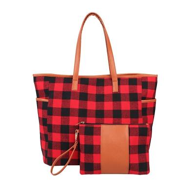 China Eco-Friendly Monogram Check Handbag Pocket Buffalo Plaid Tote Bag With Wristlet for sale