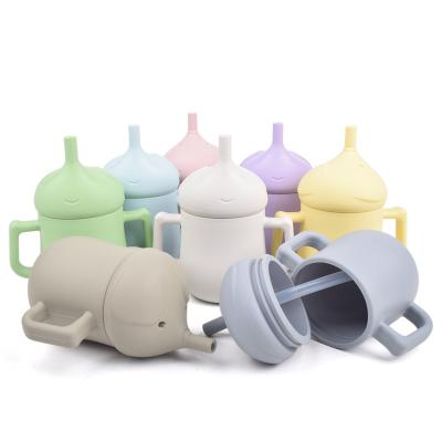 China OEM Cartoon Elephant BPA Free Infant Baby Kids No Puddle Silicone Sippy Learning Lids Straw Handle Drinking Training Water Cups for sale