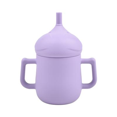 China Cartoon Elephant Baby Kids BPA Free Infant Kids No Puddle Silicone Sippy Learning Lids Straw Handle Drinking Training Water Cups for sale