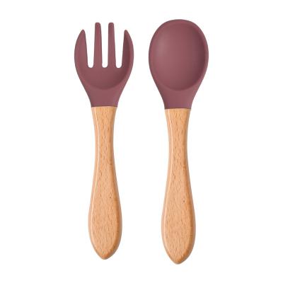 China BPA Free Baby Silicone Infant Kids Spoon Fork Wooden Tableware Spork for sale