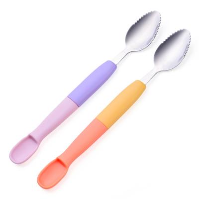 China BPA BPA Free Baby Kids Safety Stainless Steel PP Dual Use Infant Fruit Puree Scraper Spoon Feeding for sale