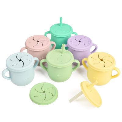 China Leakproof Silicone Water Proof Snack Cup Kids Baby Kids Puddle Cups Drinking Training Lids Handle Snacks 2 in 1 BPA Free for sale