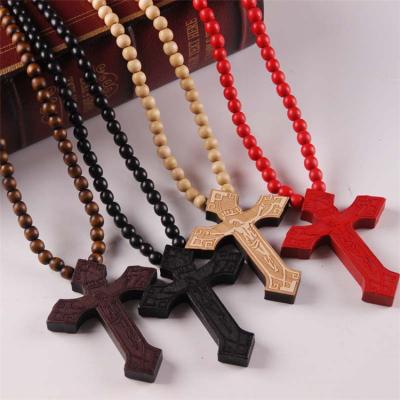 China Cross In Stock Wood Beads Chain Cross Pendant Necklace Hot Sale for sale