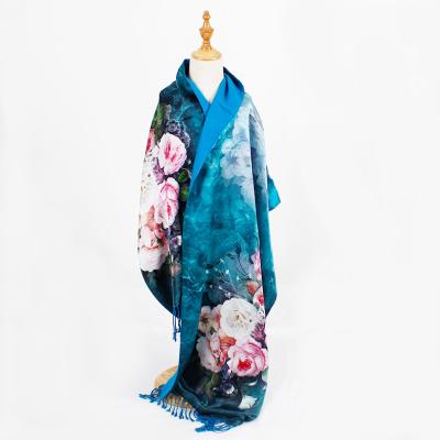 China Custom Made Stripe Women's Shawl Fashion Winter Mulberry Silk Ladies Shawl High Quality Luxury Scarf With Logo for sale