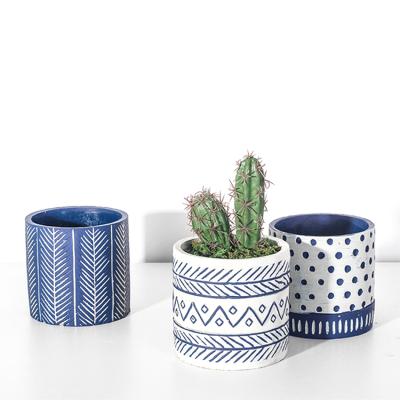 China Eco-Friendly Decorative Indoor Cactus Flower Pots Desktop Cement Plant Succulent Pot With Pattern for sale