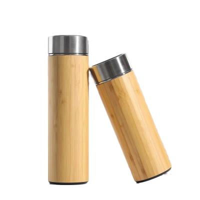 China Sustainable Eco Friendly Bamboo Tumbler Water Bottle With Lid Double Wall Stainless Steel Bamboo Travel Mug With Tea Strainer for sale