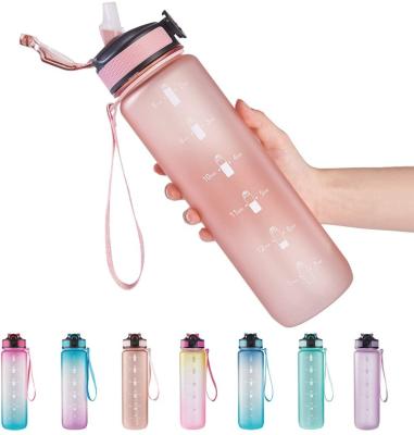 China Viable Custom Logo Gradient PETG Bottle 32 oz Bpa Free Portable GYM Time Marker Motivational Water Bottles With Straw for sale