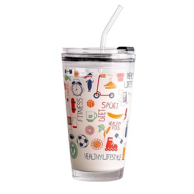 China Outdoor Customized Sublimation Tempered Printed Coffee Mug Glass Mug With Straw for sale