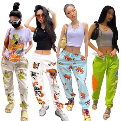 China Autumn Hot Sale Chic Design New Arrival Amazon Fashion Joggers Women High Waist Drawstring Long Pants Anti-wrinkle With Graffiti Streetwear for sale