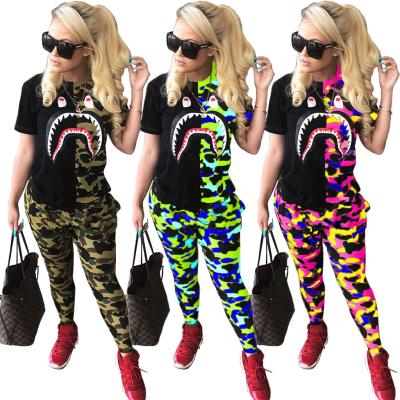 China New Arrive Anti-wrinkle Ladies Fashion Trend Shark Two-piece Set Mouth Camouflage T-shirt Color Matching Round Panties Neck Casual Women for sale