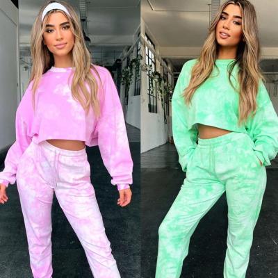 China Hot Selling Anti-Wrinkle New Arrivals Amazon Ladies Tie Two Piece Set Dye Printed Loose Tracksuit Women Fashion Casual Jogger for sale