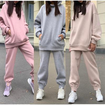 China Hot Selling Amazon Anti-wrinkle Autumn Winter Casual Women Two Pieces Set Thick Solid Color Sweatshirt Pants for sale